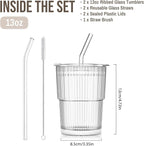 SoulTimes 13oz Ribbed Glass Tumbler with Lid and Straw – Iced Coffee Glasses Cups for Smoothie, Matcha, Juice, Water etc. Leakproof and Reusable Glassware Drinking for Travel To Go 【2 Pack】