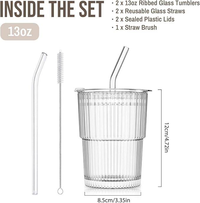 SoulTimes 13oz Ribbed Glass Tumbler with Lid and Straw – Iced Coffee Glasses Cups for Smoothie, Matcha, Juice, Water etc. Leakproof and Reusable Glassware Drinking for Travel To Go 【2 Pack】