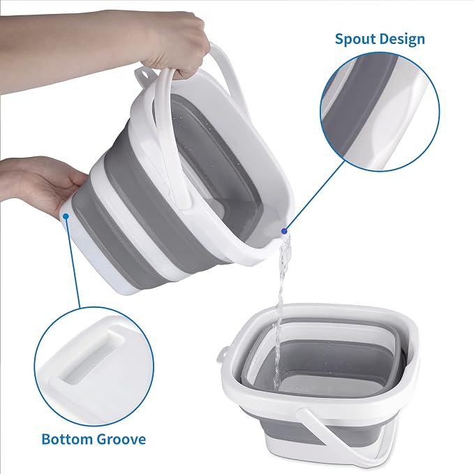 2 Pack Collapsible Buckets 5L 1.3Gallon Small Cleaning Bucket for Household Portable Plastic Bucket Outdoor Car Washing Tub Foldable Camping Beach Sand Water Pot Pail Space Saving Square Grey