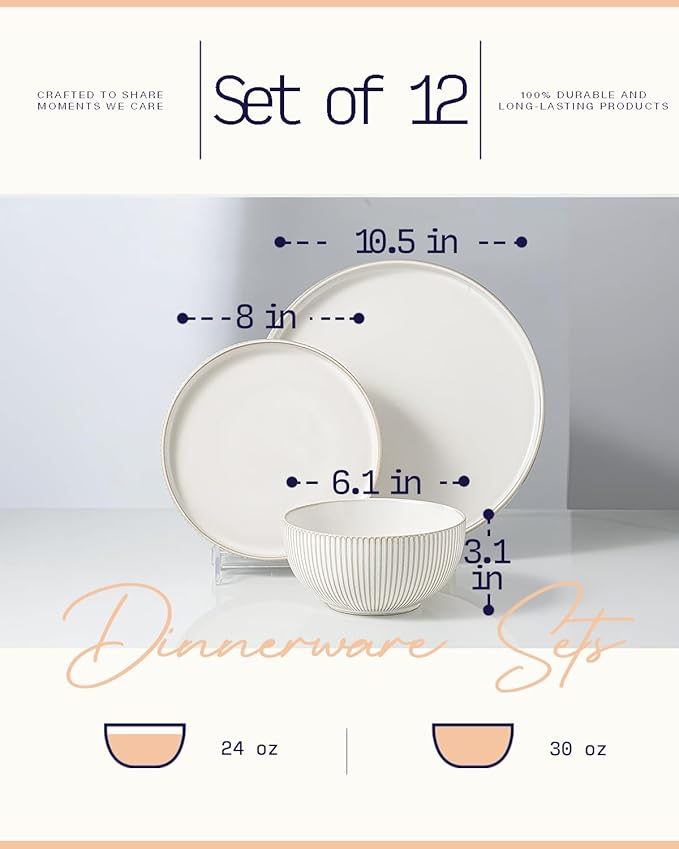 Getstar Dinnerware Sets, Plates and Bowls Sets (10.5” Dish + 8” Dish + 6” Bowl) for 4, Microwave Dishwasher Safe, 12 PCS Ceramic Dinnerware Sets