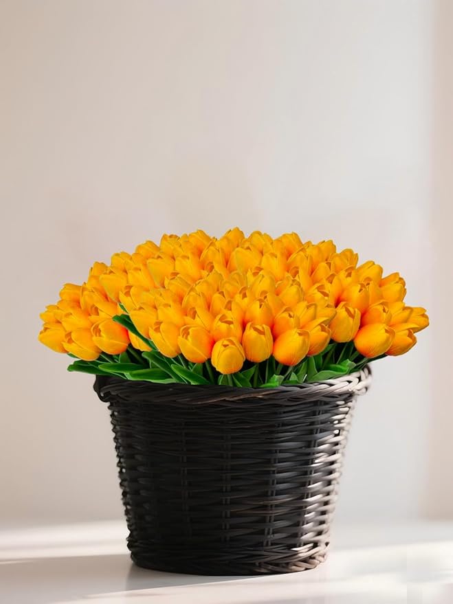 15 Heads Artificial Flowers PU Real Touch Tulip Bouquets Orange Tulips Faux Tulips Latex Fake Flower Bouquet for Spring Wedding Home Décor Centerpiece Arrangements