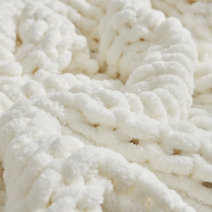 Amélie Home Chunky Knit Throw Blanket for Couch, Soft Chenille Crochet Blanket for Sofa, 50"x60", Ivory