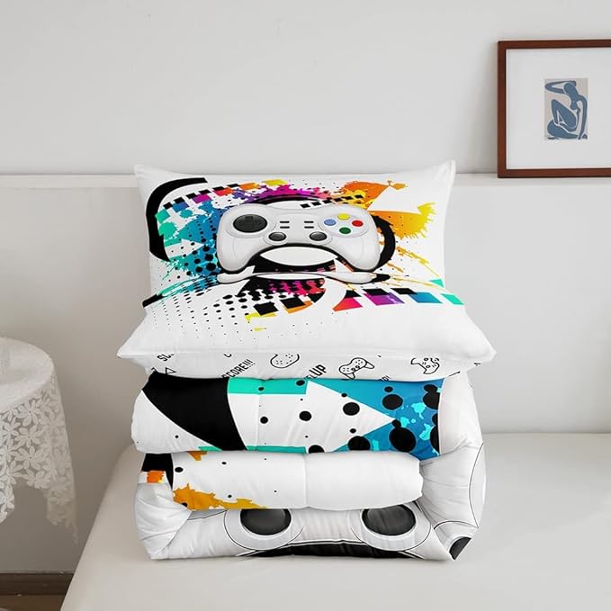 Kids Gaming Comforter Set Twin Gamer Bedding Set, Modern Console Game Controller Duvet Set For Boys Girls Teens, White Gamepad Quilt Set, Tie Dye Colorful Comforter Set Grey White Soft Bedding Set