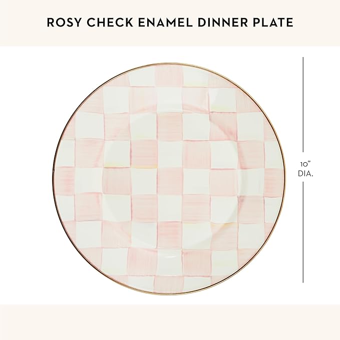 MACKENZIE-CHILDS Enamel Dinner Plate, Decorative Dinnerware Plate, 10 Inches, Set of 1, Pink-and-White Rosy Check
