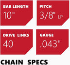 KAKEI 10 Inch Chainsaw Chain 3/8" LP Pitch .043" Gauge 40 Drive Links, Fits Milwaukee M18 FUEL Pole Saw, Ryobi P546, Worx WG322, LCS1020, CMCCS610D1 - R40 (3 Chains) - Semi Chisel