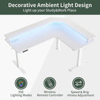 FEZIBO 63" Triple Motor L Shaped Standing Desk with LED Strip & Power Outlets, Height Adjustable Stand up Corner Gaming Desk with Ergonomic Monitor Stand, White Top/White Frame