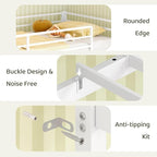 Bonnlo Low Loft Bed with 3 Drawers, 2-Tier Storage Shelf and Toy Storage Basket, Metal loft Bed Twin Size with LED Lights and Safety Guardrail for Kids (White)