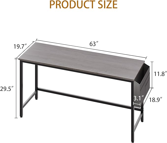 Shintenchi 63 inch Computer Desk with Storage Bag, Study Workstation Modern Simple Design for Home Office, Student Writing Desk, Office Working Desk, Gray