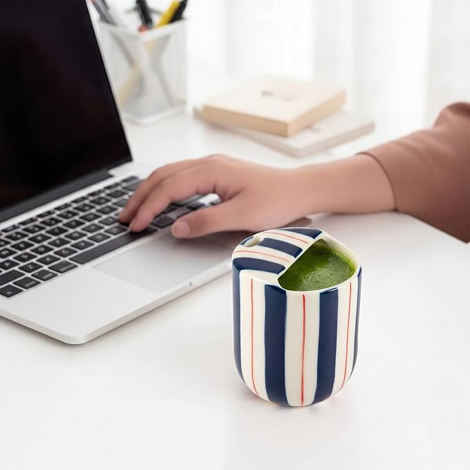 Ceramic Mug with Sip Hole 10 oz Novelty Deep Blue Red Striped Ceramic Coffee Mug Hand Painted Travel Mugs Heat Resistant Non Slip Built in One Lid for Coffee Lovers Appreciation Gift