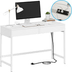 Treocho Computer Desk with USB Charging Ports and Power Outlets, Modern Simple 47 inch White Desk with 2 Drawers, Vanity Desk, Makeup Table for Home Office, Bedroom
