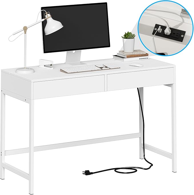 Treocho Computer Desk with USB Charging Ports and Power Outlets, Modern Simple 47 inch White Desk with 2 Drawers, Vanity Desk, Makeup Table for Home Office, Bedroom