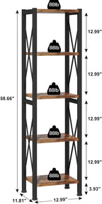 5-Tier Narrow Bookshelf, Ladder Bookshelf, Tall Bookshelf for Bedroom with Open Shelves, Office Bookshelf, Industrial Standing Bookshelf for Bedroom, Living Room and Home Office