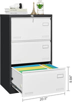 3 Drawer Metal Lateral Lock and Card Holder,Office Vertical Files Storage Cabinets w/Heavy 3 Section Slide Rail & Breathable Holes,for Legal/Letter/A4,Black+White