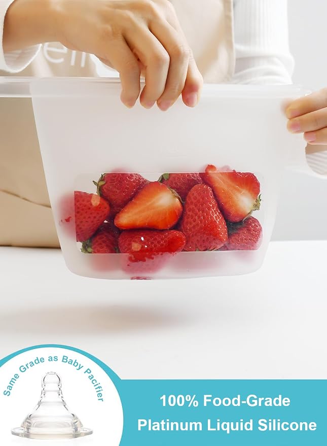 Reusable Silicone Food Storage Bags (Set of 4), Dishwasher Oven Microwave Freezer Safe, Eco-Friendly 100% Platinum, Leakproof Sous Vide Bags, Clear, X-Large