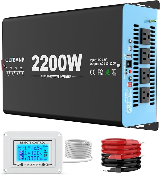 New Upgraded 2200 Watts Pure Sine Wave Inverter, 12V DC to 110V AC Power Inverter with 4 AC Outlets, USB Port, Type-C Port for Truck, Vehicle, Power Outage, Remote Control with LCD Screen
