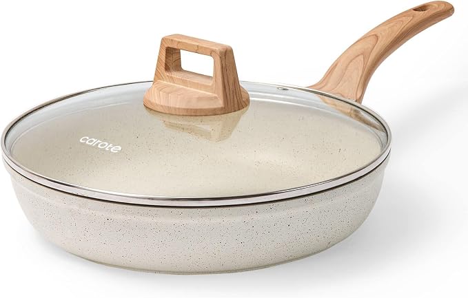CAROTE Non Stick Frying Pan, 10 Inch White Granite Skillet with Glass Lid | Non Toxic Kitchen Healthy Cookware, Compatible with All Stovetop, Easy to Clean, PFOA Free