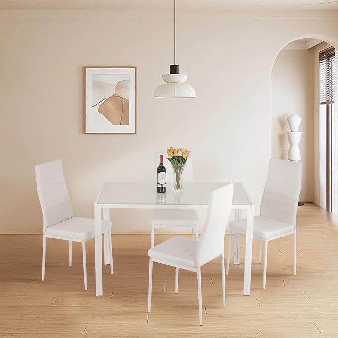 FDW | 5-Piece Dining Table Set | White | Glass Kitchen Table with 4 Upholstered Chairs and Faux Leather Cushions | Space-Saving and Modern Design | for Dining Room, Easy to Assemble