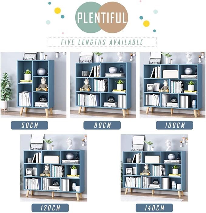 IOTXY Wooden Open Shelf Bookcase - 3-Tier Floor Standing Display Cabinet Rack with Legs, 7 Cubes Bookshelf, Bright Blue