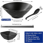 Berglander Ramen Bowl Set 40 oz of 4 with Dipping Bowls Chopsticks Spoons, Unbreakable Japanese Style Plastic Noodle Soup Bowls for Asian Pho Soup Thai Miso Udon Wonton