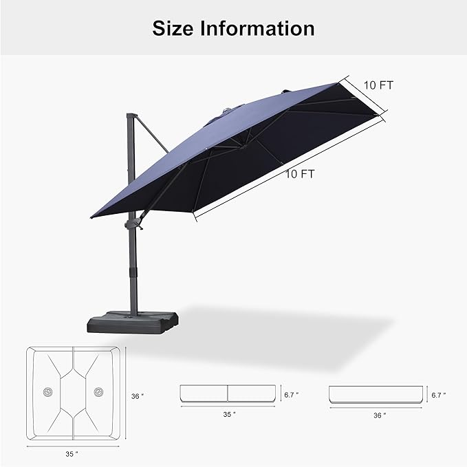 PURPLE LEAF 10' × 10' Patio Cantilever Umbrella with Base Outdoor Square Adjustable Offset Umbrellas with 360-degree Rotation and 8 Heavy Duty Metal Ribs for Garden Deck Pool Navy Blue