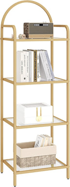 Bookcase Bookshelf, Tempered Glass Bookshelves, Slim Shelving Unit for Bedroom, Bathroom, Home Office, Steel Frame, 4 Tier Gold BC04001G