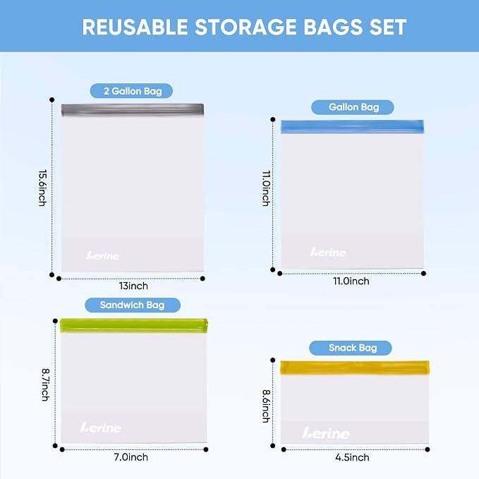 Lerine 18 Pack Reusable Gallon Freezer Bags Stand-Up Dishwasher Safe, BPA-Free Reusable Gallon Bags, Leakproof Food Storage Bags for Meat Vegetables Bread Travel (Gray, 18Gallon)