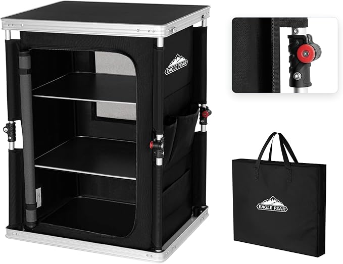 EAGLE PEAK Outdoor Folding Camping Table with Large 3-Tier Storage Organizer and Side Pockets, Easy Set Up Portable Aluminum Camping Kitchen, Black