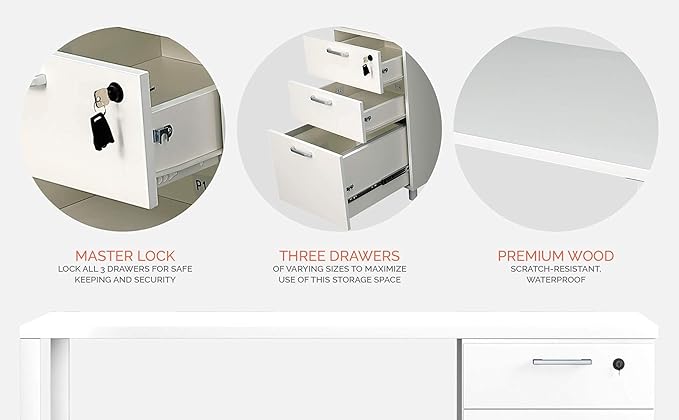 Milano Home Office Desk - 47 Inch White/White Home Office Desk with Drawers - Modern Computer Desk with Storage, Detachable & Lockable Computer Cabinet - Wooden Office, Study, and Writing Table