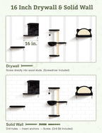 5-in-1 Cat Wall Shelves, Solid Wood & Velvet & Sisal Scratcher, 44lbs Max Load, Wall Mounted Cat Furniture for Climbers, Cat Climbing Wall System, Fits Drywall & Solid Walls - Black