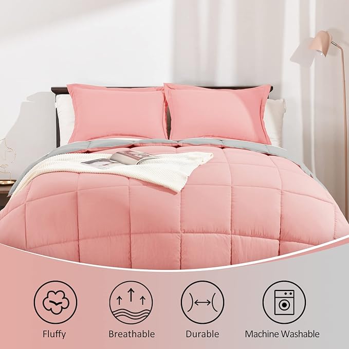 Basic Beyond Queen Comforter Set - Fluffy Comforter Queen Set for All Seasons - Reversible Pink Comforter Set Queen for Mens - 3 Pieces (1 Comforter + 2 Pillow Shams) - Pink/Grey