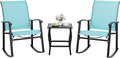 Shintenchi 3 Piece Rocking Bistro Set, Outdoor Furniture with Rocker Chairs and Glass coffee table set of 3, Balcony, Porch Furniture for Small Space, Blue