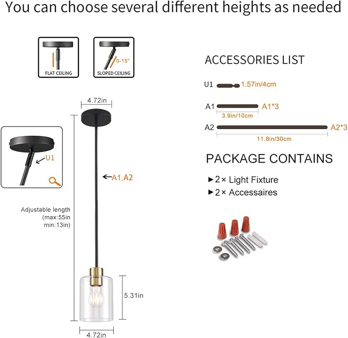 Black Brass Pendant Lights Kitchen Island - Clear Glass Pendant Light Fixture Multiple Stems Rods 3 Units 12 Inch 3 Units 4 Inch (2 Pack Black Brass Downrod)