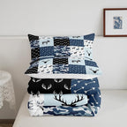 Cute Deer Comforter Set King, Military Camo Bedding Set for Kids Boys Girls Teens Bedroom Tribal Animal Antlers Silhouette Quilted Comforter Checkered Plaid Arrows Bedding Comforters, Army Blue&White