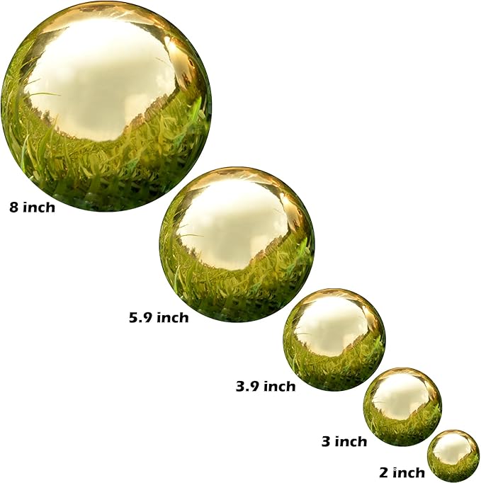 Nerien Gazing Ball, Stainless Steel Garden Mirror Globe, Polished Ornament Sphere, Hollow Floating Reflective Hemisphere, for Home Outdoor Pond Housewarming Swimming Pool Decoration, Gold, 8Pcs