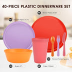 40 Piece Plastic Dinnerware Set for 8 with Cutlery, Unbreakable Plates and Bowls Set, Dishwasher & Microwave Safe Reusable Dish Set for Camping, RV, Outdoor Kitchen, Apartment Dining,Sunset Multicolor