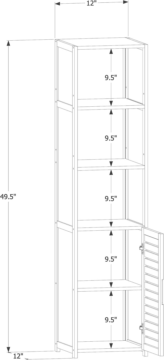 MoNiBloom 5 Tiers Bookshelf Bookcase with Door, Bamboo Narrow Freestanding Cabinet Kitchen Shelf Cupboard Storage Organizer for Home Living Room, Brown