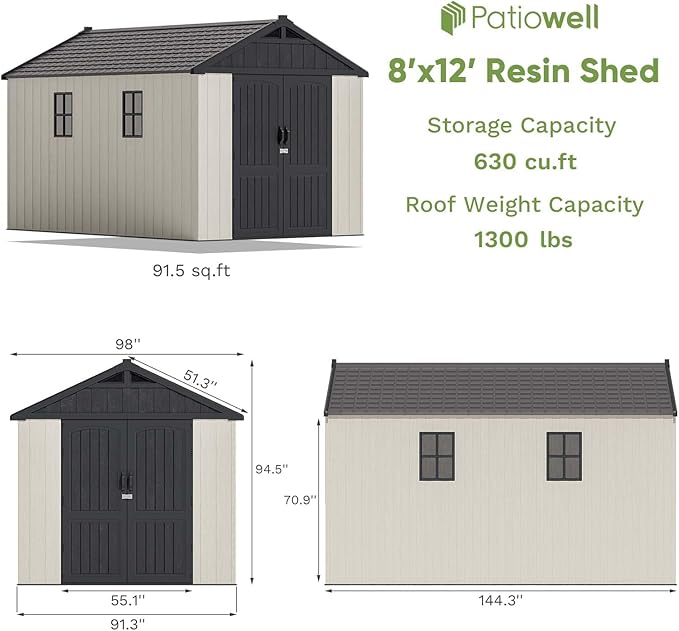 Patiowell 8 x 12 FT Plastic Outdoor Storage Shed with Floor, Resin Shed with Window and Lockable Door for Garden, Backyard, Tool Storage Use, Easy to Install in Beige (Kick-it Shed)