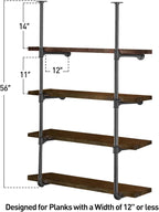 HITOMEN Industrial Iron Pipe Shelves, 2 Set 4-Tier, 56" Tall, 12" Depth, DIY Open Bookshelf Bookcase, Wall Mounted Vintage Retro Shelving, Rustic Farmhouse Pantry Kitchen Storage, Black Shelf Brackets