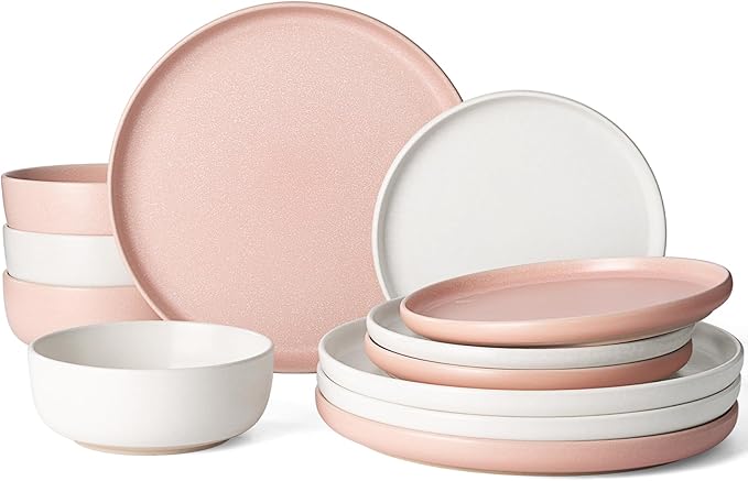 Famiware Milkyway Plates and Bowls Sets, 12 Pieces Dinnerware Sets, Reactive Glaze Dish Set, Stoneware Dishes Set for 4, Matte Beige White & Light Pink