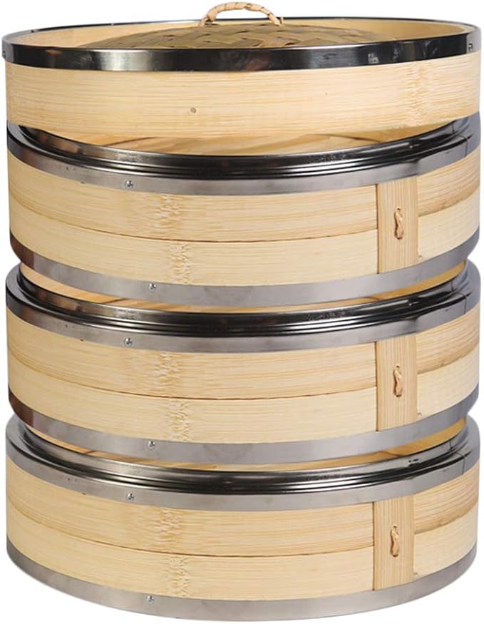 Hcooker. Bamboo Steamer Basket 9.4-Inch 3-Tier Dumpling Steamer for Cooking | Stainless Steel Reinforced Rim | Sauce Dish, 2 Chopsticks, 3 Cotton Liners | Steam for Asian Food Dim Sum Bun Rice Vegetables