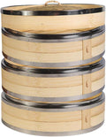 Hcooker. Bamboo Steamer Basket 9.4-Inch 3-Tier Dumpling Steamer for Cooking | Stainless Steel Reinforced Rim | Sauce Dish, 2 Chopsticks, 3 Cotton Liners | Steam for Asian Food Dim Sum Bun Rice Vegetables