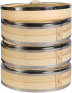 Hcooker. Bamboo Steamer Basket 9.4-Inch 3-Tier Dumpling Steamer for Cooking | Stainless Steel Reinforced Rim | Sauce Dish, 2 Chopsticks, 3 Cotton Liners | Steam for Asian Food Dim Sum Bun Rice Vegetables