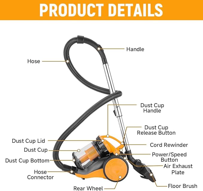 Hoteche 800W Canister Vacuum – 2.5L Powerful & Quiet Cleaner for Hard Floors, Carpets & Pet Hair