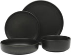 Gibson Elite Pasco 16 Piece (Service for 4) Plates and Bowls Double Bowl Reactive Glaze Dishes Stoneware Ceramic Dinnerware Set - Black
