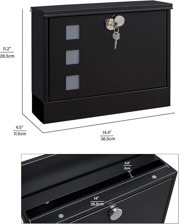 LAND·VOI Locking Mailbox Wall Mounted, Metal Postbox with Three Sets of Mail Box Number Stickers, 4 Keys, 14.4" x 4.5" x 11.2", Large Capacity, Black, AMB11B