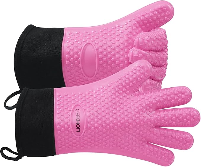 GEEKHOM BBQ Gloves Heat Resistant Oven Mitts - Silicone Grilling Gloves with 13.7" Arm Protection - Waterproof Pot Holder Non-Slip for Men & Women, Kitchen Outdoor Cooking, Baking, Camping, Pink