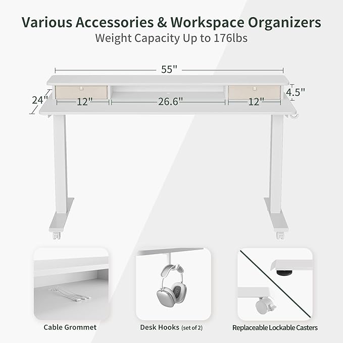 FEZIBO 55 x 24 Inch Height Adjustable Electric Standing Desk with Double Drawer, Stand Up Desk with Storage Shelf, Sit Stand Desk, White