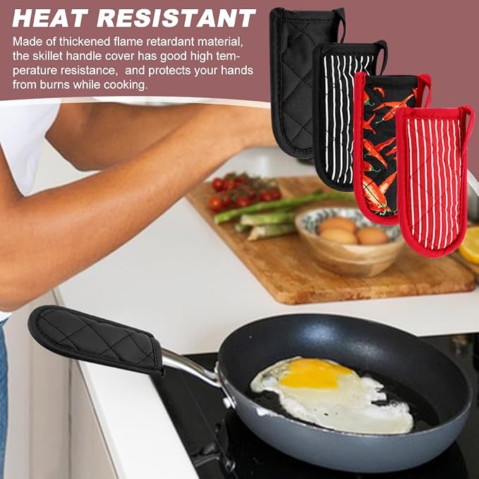 4Pcs Cast Iron Skillet Handle Covers Heat Resistant Pot Handle Covers ﻿ | Non Slip Cotton Pan Handle Sleeve Holder Mitts,Washable for Cast Iron Pans,Metal Pots, Griddles Cooking Supplies