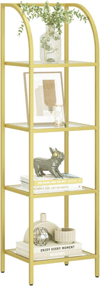 Bookcase Bookshelf, Tempered Glass Arched Bookshelf for More Storage, Slim Shelving Unit for Bedroom, Bathroom, Home Office, Steel Frame, 4 Tier Gold BC20499G