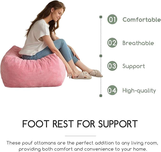 HIGOGOGO Square Stuffed Pouf Ottoman, Corduroy Poufs with Foam Chunk Filling, Furry and Fluffy Pouf Foot Stool Storage Ottoman, 21 X 21 Floor Poufs Foot Rest for Living Room, Pink